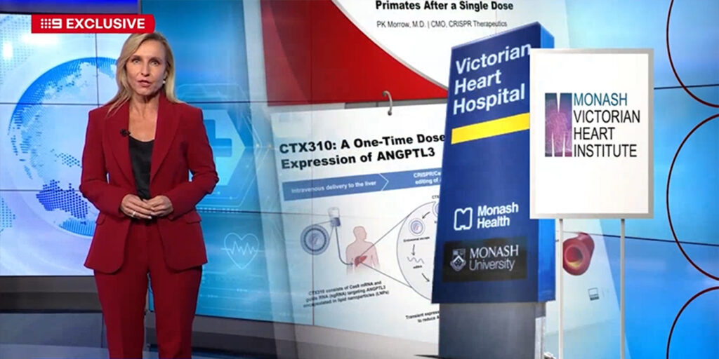Screenshot of a 9 News reporter standing in front of a screen with the Victorian Heart Hospital sign and Monash Victorian Heart Institute logo