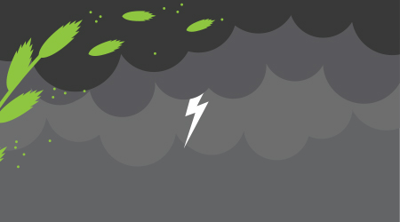 Graphic demonstrating pollen floating past a thunderstorm