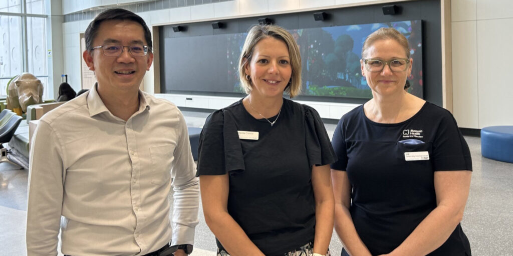 Three people smiling. On the left is a man in a white collared shirt with short, neat dark hair and slim-framed rectangle glasses. In the middle, a woman with a straight side-parted blonde bob wearing in a round-necked black top with flutter-sleeves; and on the right a woman with a ponytail wearing square-framed glasses with translucent pale green frames and a Monash Health Nursing and Midwifery liveried uniform top.