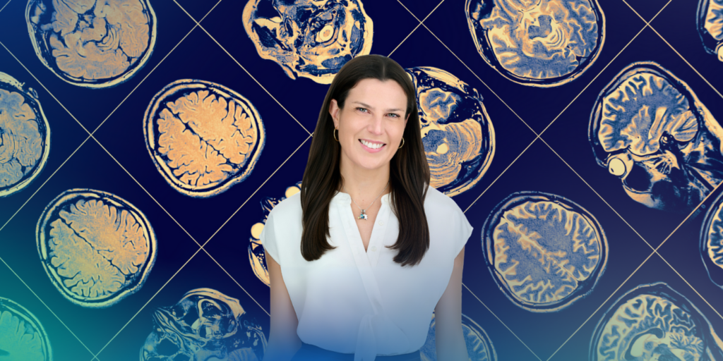 A person smiles in front of a background pattern of brain scans on a blue and white grid.