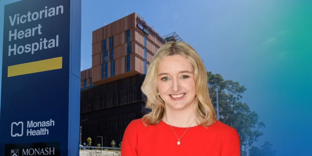 Dr Esther Davis digitally imposed over a photo of the Victorian Heart Hospital building