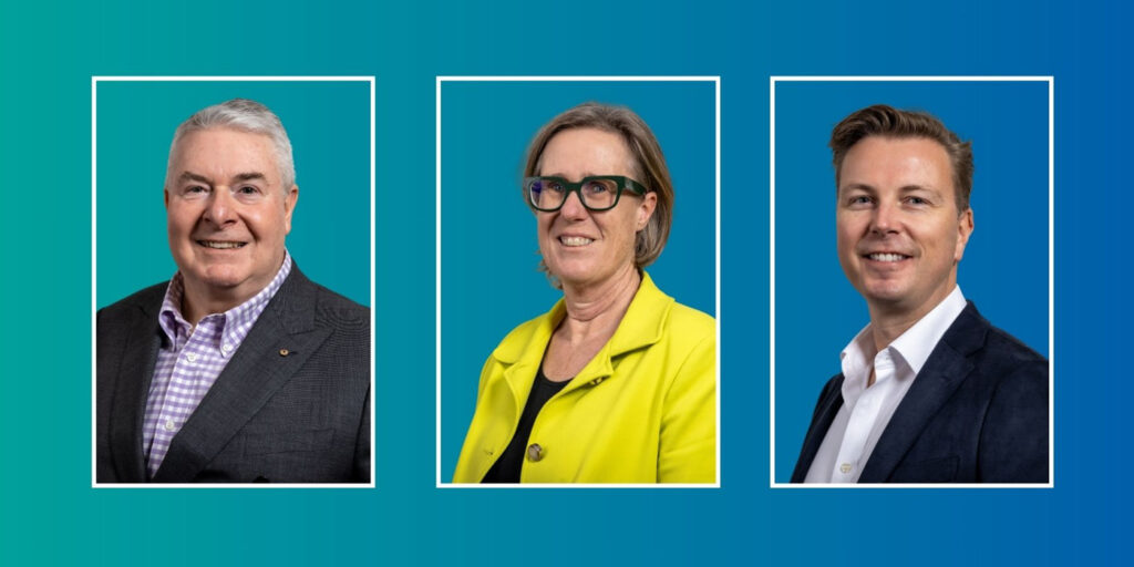 The corporate headshots of Michael Gorton, Felicity Topp and Hamish Park are shown on a teal gradient graphic