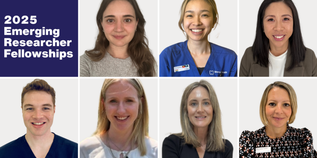 A grid of headshots for the 2025 Emerging Researcher Fellowships alongside text on the left