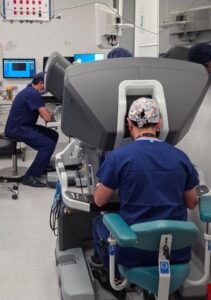 Associate Professor Kiarash Taghavi and Professor Homi Zagar performing the first robot assisted surgery at Monash Children's Hospital.