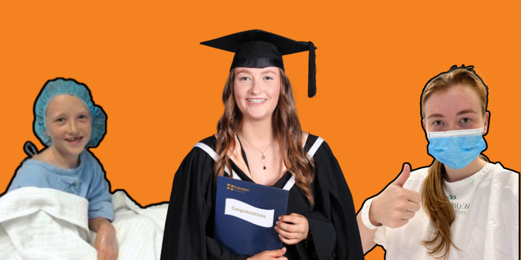 A smiling young girl born with a cleft lip and palate in a hospital bed; a female graduate in a cap and gown holding a graduation certificate; and a young women in a hospital gown giving a thumbs up.