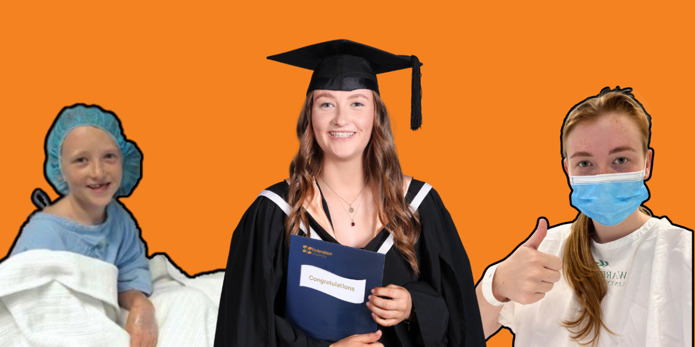 A smiling young girl born with a cleft lip and palate in a hospital bed; a female graduate in a cap and gown holding a graduation certificate; and a young women in a hospital gown giving a thumbs up.