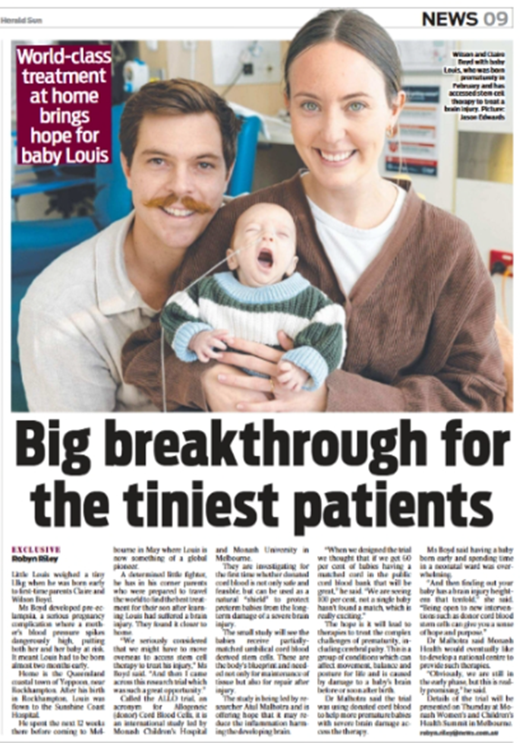 A newspaper clipping with the headline, 'Big breakthrough for the tiniest patients'. A photo shows a smiling new mum and dad holding their baby boy.